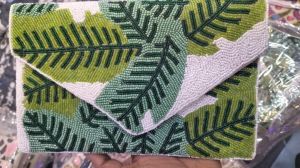 Green Leaf Beaded Envelope Clutch Purse