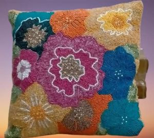Multicolor Floral Beaded Cushion Cover
