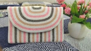 Striped Geometric Beaded Envelope Clutch Purse
