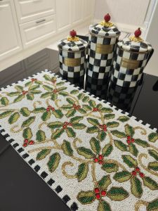 White Holly Checkerboard Beaded Table Runner