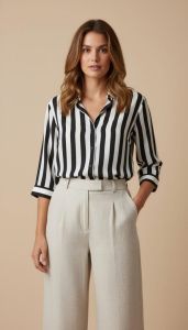 Vertical Stripe Print Chiffon Shirt for Women