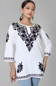 White and Black Floral Embroidered Short Kurti