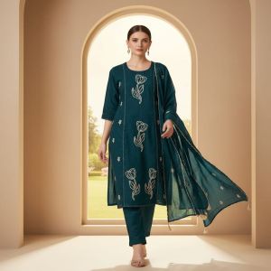 Ladies Teal Blue Cotton Suit