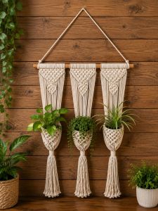 handmade cotton macrame wall hanging 3 pocket boho plant holder