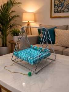 Shree Jagdish Industries Handmade Pure Stainless Steel Laddu Gopal Ji Jhula with Printed Cushion | D