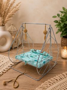 Shree Jagdish Industries Handmade Pure Stainless Steel Laddu Gopal Ji Jhula with Soft Printed Cushio
