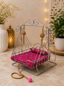 Shree Jagdish Industries Handmade Pure Stainless Steel Laddu Gopal Ji Jhula with Printed Cushion | D