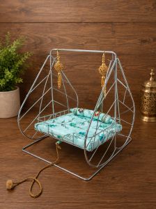 Shree Jagdish Industries Handmade Pure Stainless Steel Laddu Gopal Ji Jhula with Soft Printed Cushio