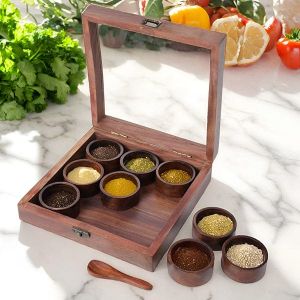 8 X 8 Inch Sheesham Wood Spice Box With Round Bowls