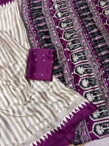 Ajrakh Print Purple Satin Crepe Saree