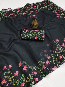 Black Printed Linen Saree