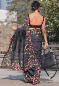 Black Printed Linen Saree