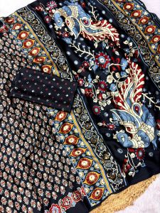 Black Peacock Satin Crepe Saree