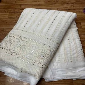 56 Inch Pure Georgette Mirror Daman Work Embroidery Fabric
