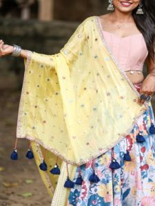 Ladies Blue Printed Flax Cotton Lehenga Choli with Chinon Silk Dupatta