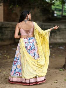 Ladies Blue Printed Flax Cotton Lehenga Choli with Chinon Silk Dupatta