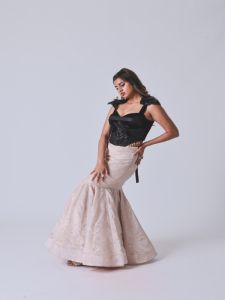 Ladies Black Velvet Embellished Top with Off White Mermaid Skirt Set