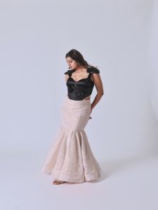 Ladies Black Velvet Embellished Top with Off White Mermaid Skirt Set