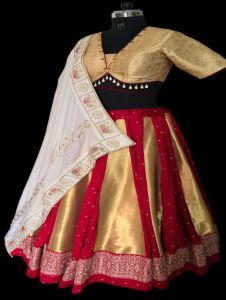 Ladies Golden and Maroon Satin Silk Mirror Work Lehenga Choli with Tissue Silk Dupatta