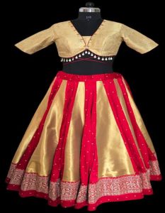 Ladies Golden and Maroon Satin Silk Mirror Work Lehenga Choli with Tissue Silk Dupatta