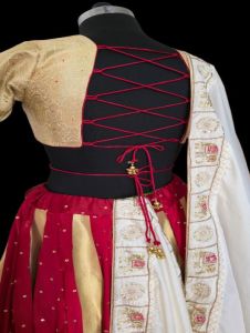 Ladies Golden and Maroon Satin Silk Mirror Work Lehenga Choli with Tissue Silk Dupatta