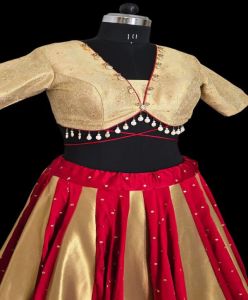 Ladies Golden and Maroon Satin Silk Mirror Work Lehenga Choli with Tissue Silk Dupatta