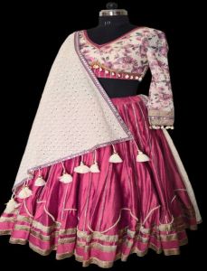 Ladies Light Pink and White Satin Silk Lehenga Choli with Tissue Silk Dupatta