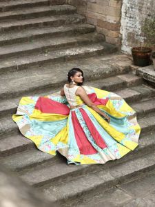 Ladies Multicolor Silk Slub Flare Lehenga Choli with Dupatta