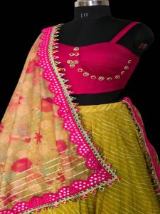 Ladies Mustard Yellow and Pink Slub Silk Chikankari Flare Lehenga Choli with Dupatta