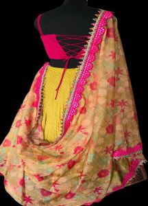 Ladies Mustard Yellow and Pink Slub Silk Chikankari Flare Lehenga Choli with Dupatta