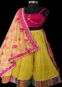 Ladies Mustard Yellow and Pink Slub Silk Chikankari Flare Lehenga Choli with Dupatta