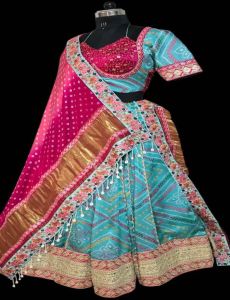 Ladies Sky Blue and Pink Satin Silk Lehenga Choli with Dupatta