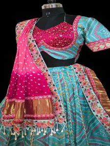 Ladies Sky Blue and Pink Satin Silk Lehenga Choli with Dupatta
