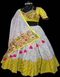 Ladies Yellow and White Printed Pure Cotton Lehenga Choli with Embroidered Dupatta
