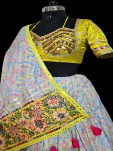 Ladies Yellow and White Printed Pure Cotton Lehenga Choli with Embroidered Dupatta