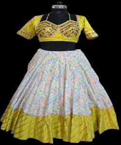 Ladies Yellow and White Printed Pure Cotton Lehenga Choli with Embroidered Dupatta