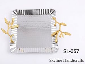 Aluminium Hammered Serving Tray with Leaf Handle
