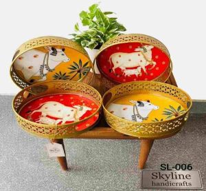 Decorative Round Pichwai Art Tray with Golden Iron Meena Work