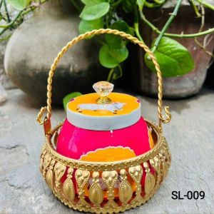 Traditional Hand Painted Pichwai Art Iron Jar Set With Basket