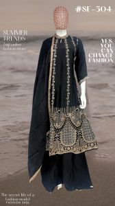 Ladies Black Designer Embroidered Palazzo Suit Set