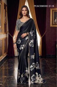 Ladies Black Floral Satin Silk Designer Saree