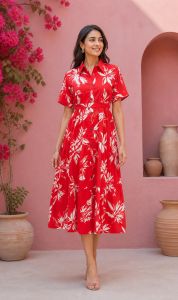 Ladies Floral Printed Cotton Midi Dress