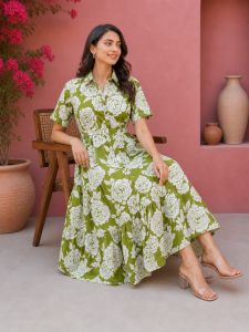 Ladies Floral Printed Cotton Midi Dress