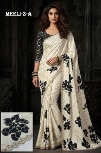 Ladies Ivory Black Floral Satin Silk Saree