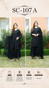 Ladies Luxury Black Embroidered Palazzo Suit Set