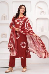 Ladies Maroon Printed Cotton Kurta Pant Suit Set