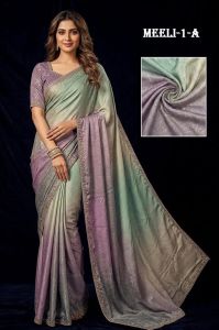 Ladies Mint Green Lavender Satin Silk Saree