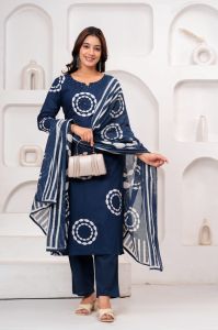 Ladies Navy Blue Printed Cotton Kurta Pant Suit Set