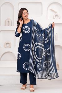 Ladies Navy Blue Printed Cotton Kurta Pant Suit Set
