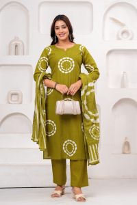 Ladies Olive Green Cotton Kurta Pant Set